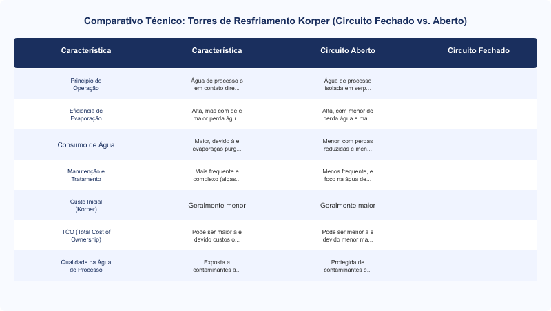 Diagrama técnico: Torre de Resfriamento Korper: Circuito Fechado vs. Aberto em Eficiência e Manutenção