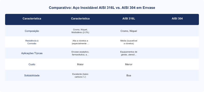 Diagrama técnico: Vantagens do Aço Inoxidável AISI 316L em Equipamentos de Envase Industrial